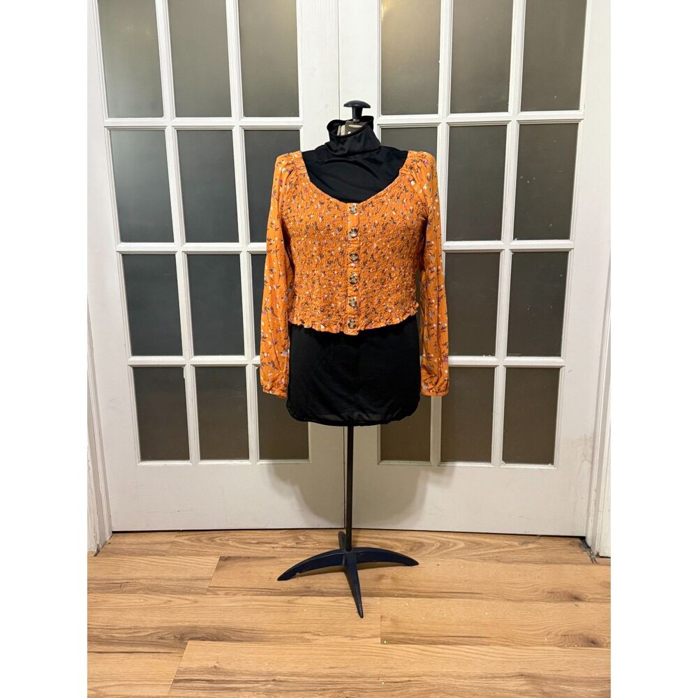 Arizona Floral Smocked Crop Top Orange Boho Long Sleeve Blouse Size XL